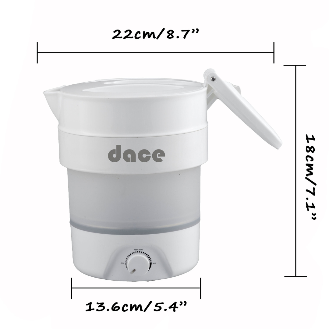 Dace Portable Foldable Electric Travel Kettle, 800ML/27oz, White with Two Folding Cups and One Coffee Dripper, 110V & 220V Dual Voltage, Food Grade Silicone, Universal Travel Adaptor For US/EU/AUS and Case