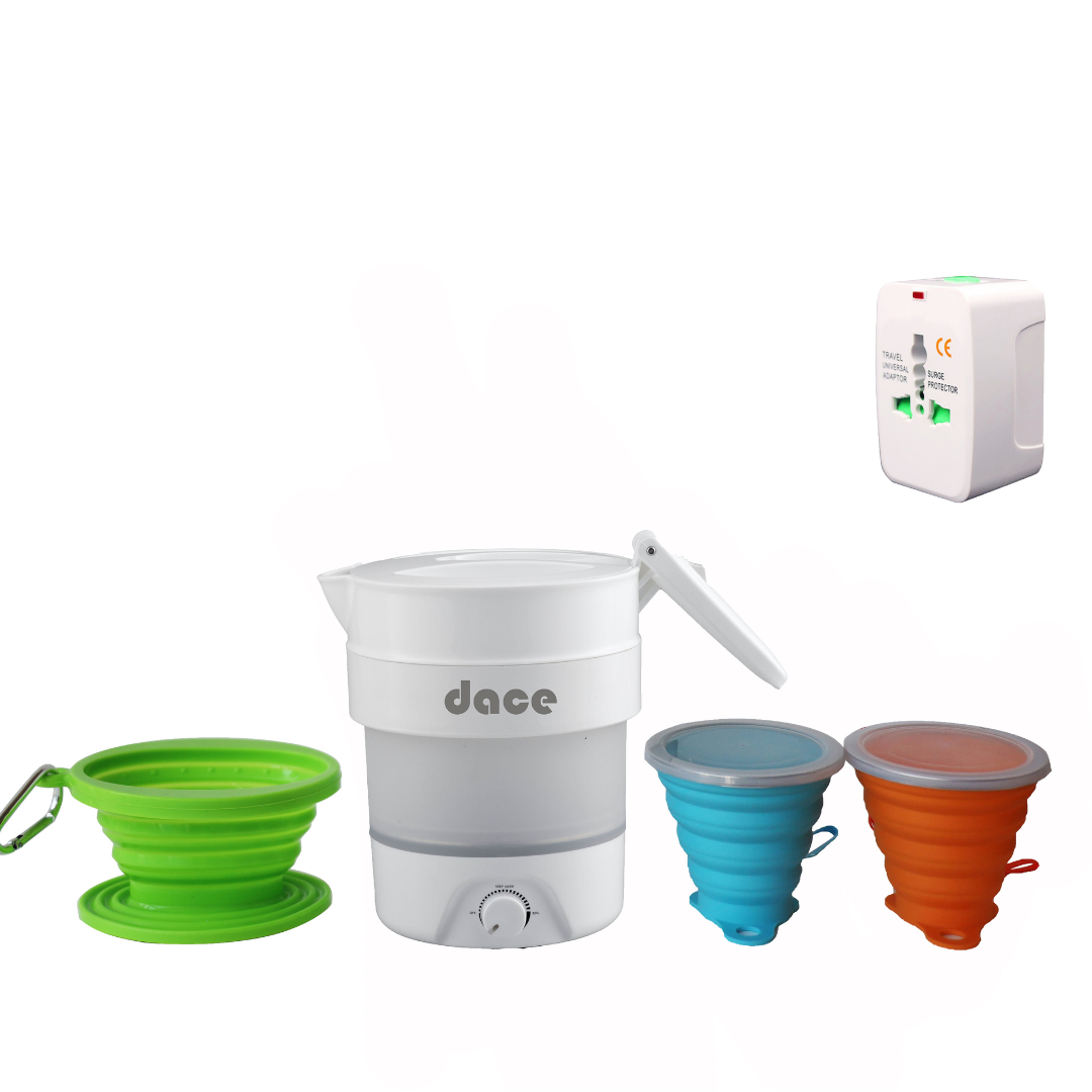 Dace Portable Foldable Electric Travel Kettle, 800ML/27oz, White with Two Folding Cups and One Coffee Dripper, 110V & 220V Dual Voltage, Food Grade Silicone, Universal Travel Adaptor For US/EU/AUS and Case